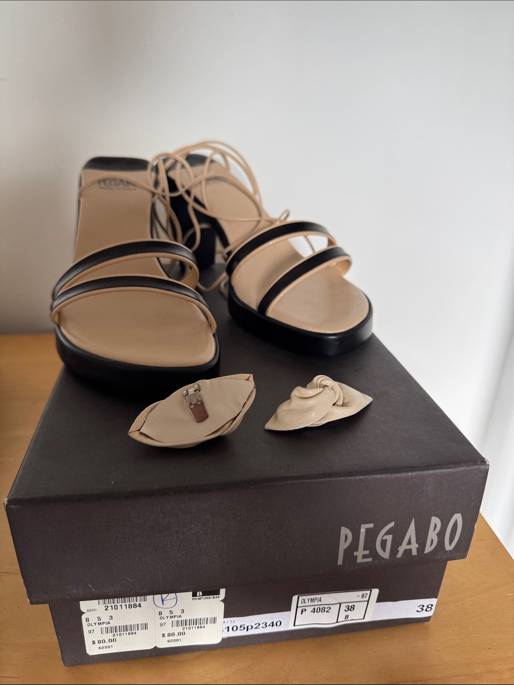 Pegabo Women's Beige and Black Strappy Lace-Up Sandals